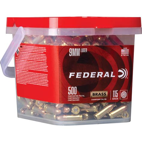 Seated in the case is a 115 grain lead core bullet with a copper jacket. . 1000 rounds federal 9mm 115gr bulk pack